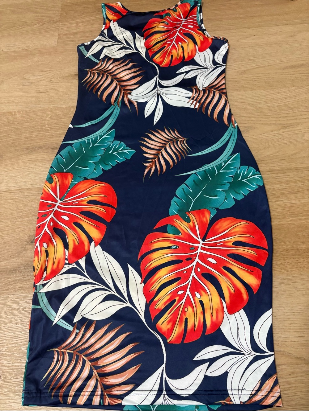 SHEIN Navy Midi Dress with Red, Green & White Tropical Print